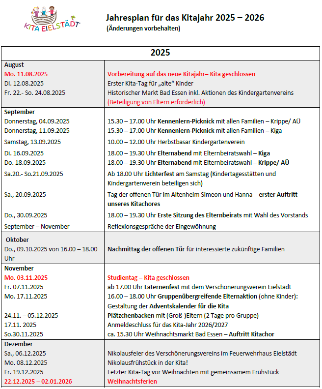 Jahresplan für das Kitajahr 2025