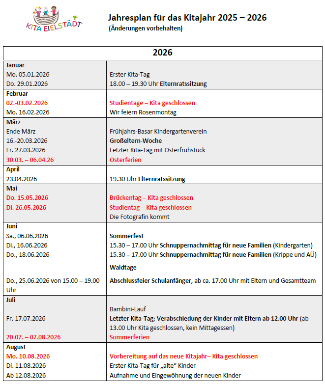 Jahresplan für das Kitajahr 2026